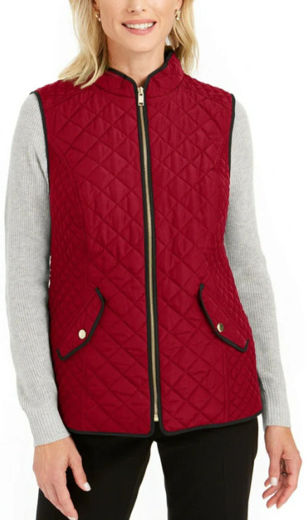 Colete feminino Charter Club de algodão acolchoado com zíper frontal, tamanho pequeno e grande, vermelho