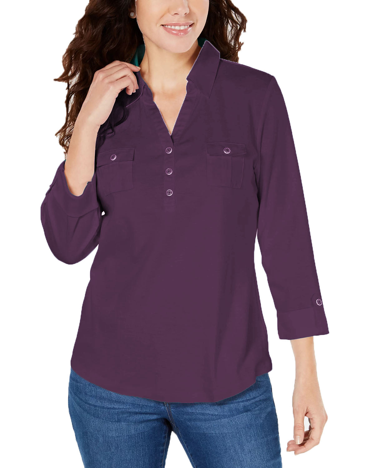 Camisa utilitária feminina Karen Scott de algodão Johnny-Collar, azul, tamanho pequeno