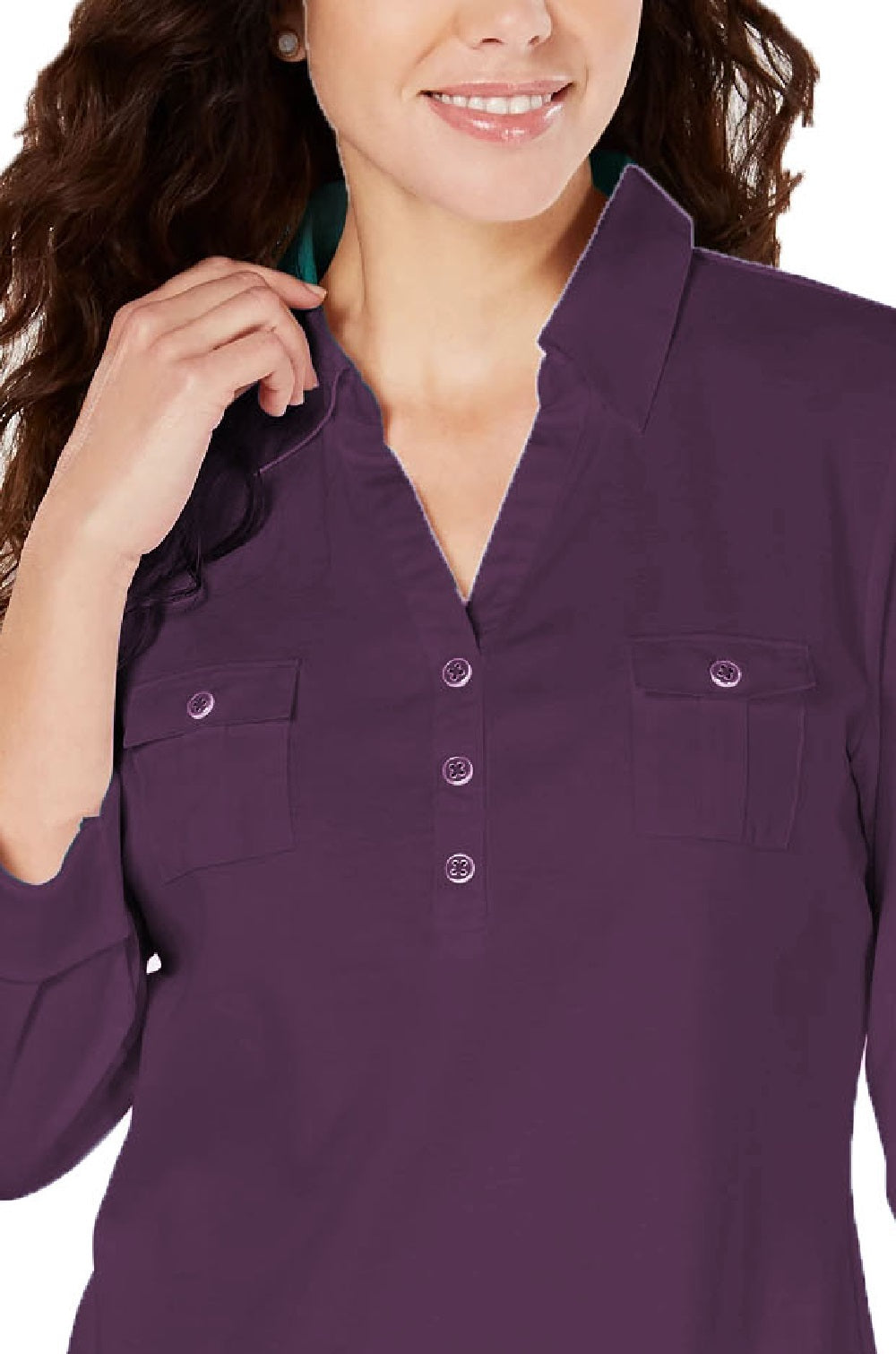 Camisa utilitária feminina Karen Scott de algodão Johnny-Collar, azul, tamanho pequeno