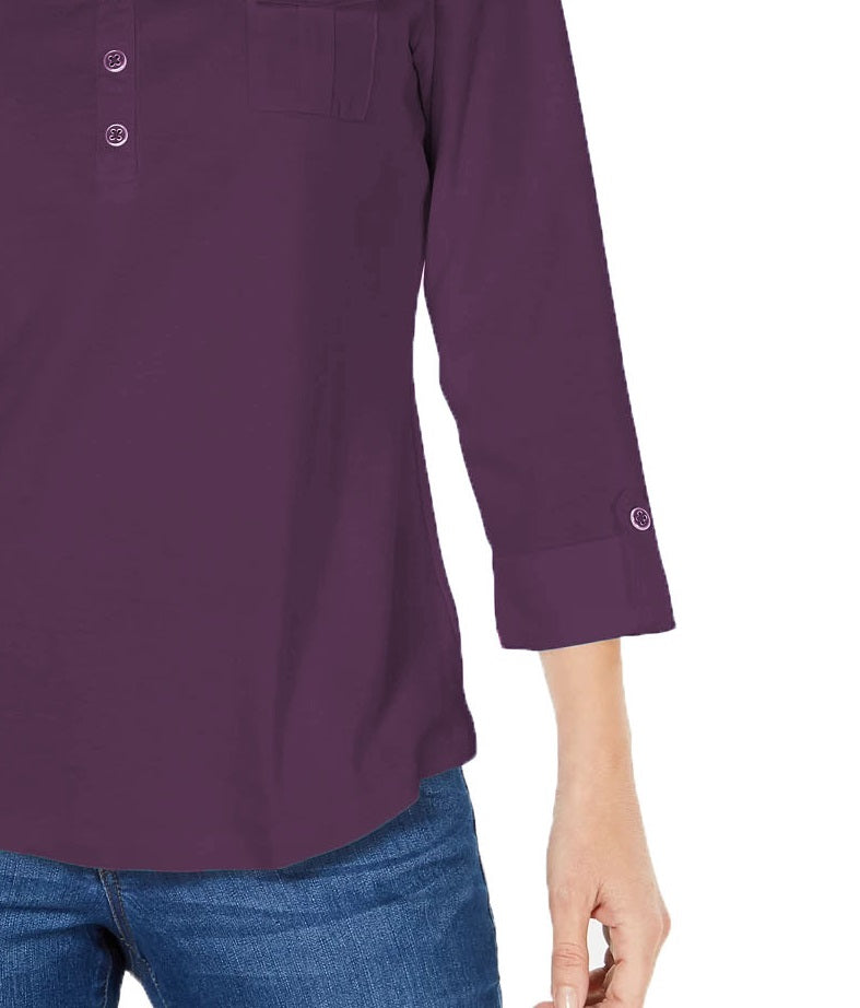 Camisa utilitária feminina Karen Scott de algodão Johnny-Collar, azul, tamanho pequeno
