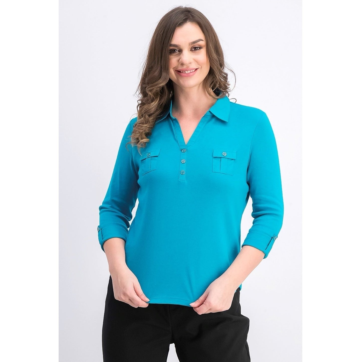 Camisa polo feminina Karen Scott Petite manga 3/4 azul-petróleo pavão tamanho pequeno pequeno