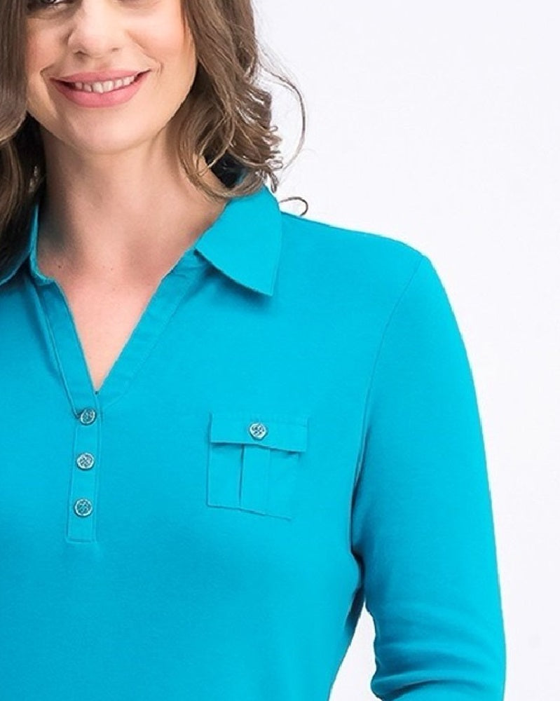 Camisa polo feminina Karen Scott Petite manga 3/4 azul-petróleo pavão tamanho pequeno pequeno