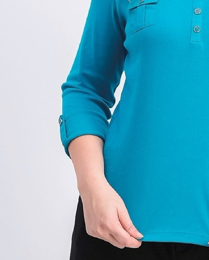Camisa polo feminina Karen Scott Petite manga 3/4 azul-petróleo pavão tamanho pequeno pequeno