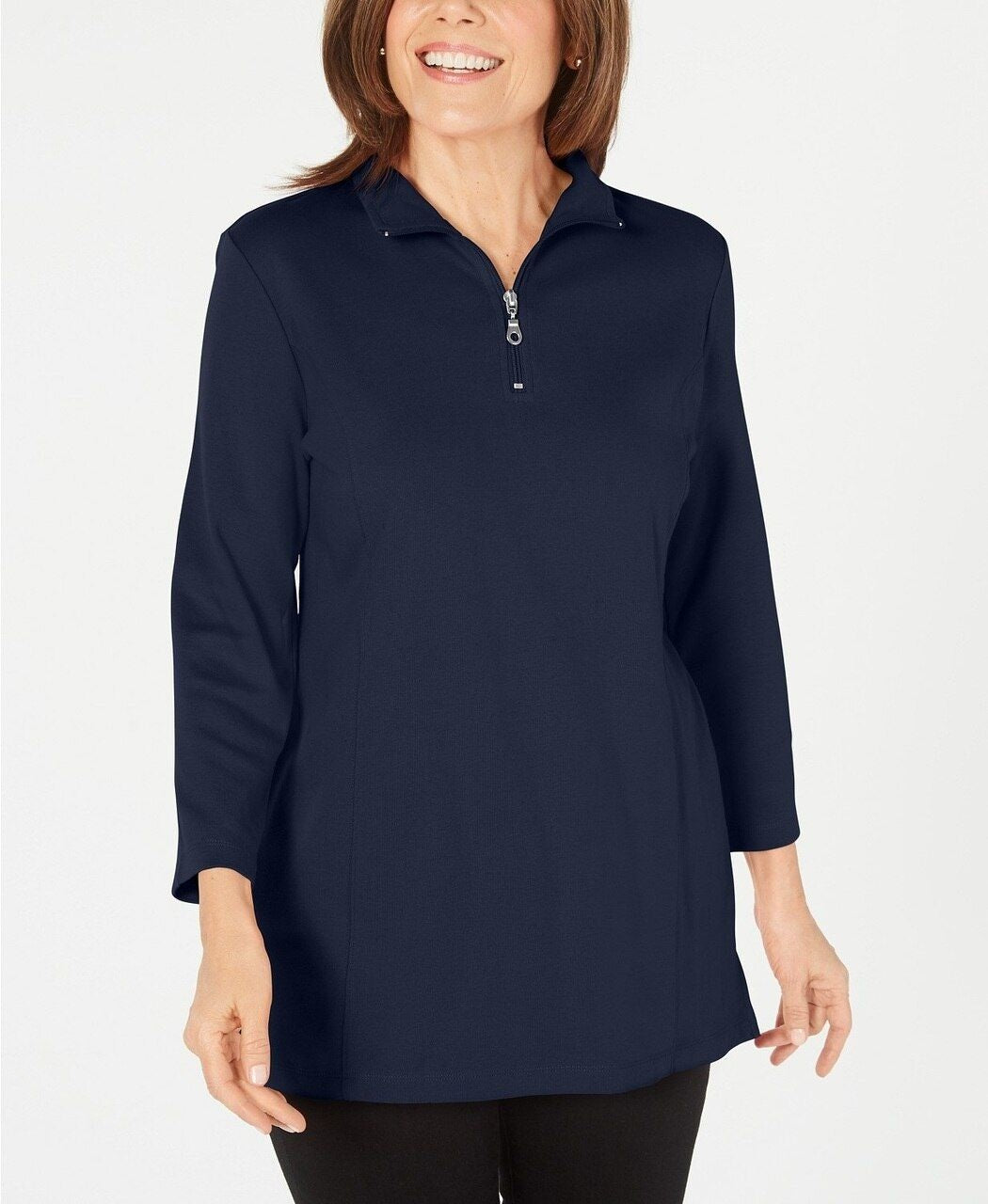 Blusa feminina Karen Scott de algodão com gola alta e zíper, tamanho P, azul