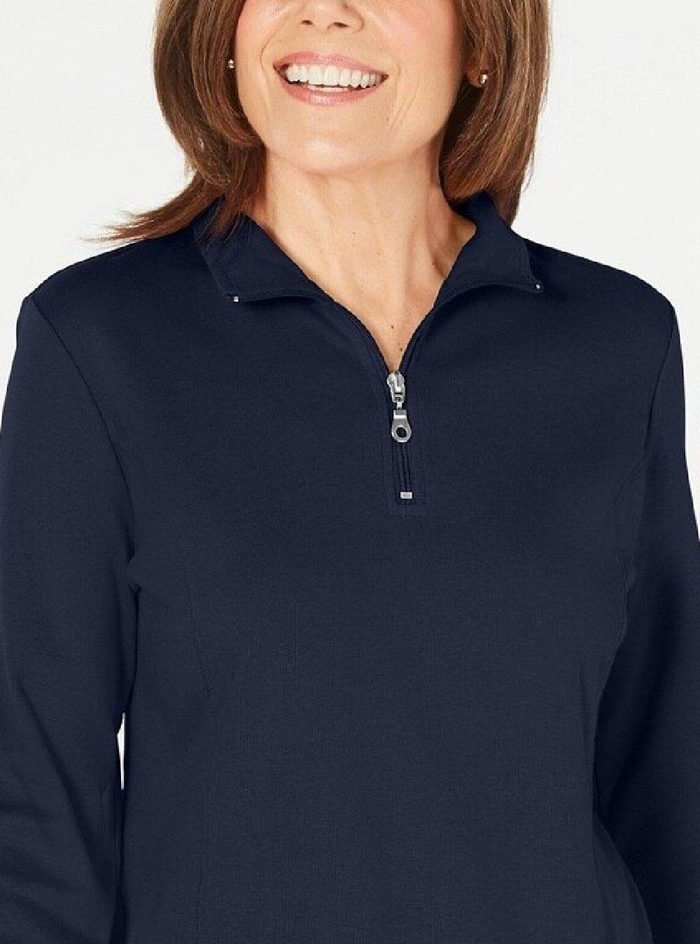 Blusa feminina Karen Scott de algodão com gola alta e zíper, tamanho P, azul