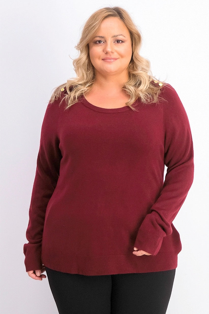 Karen Scott Suéter Feminino com Botões nos Ombros, Cor Merlot, Tamanho Pequeno Médio