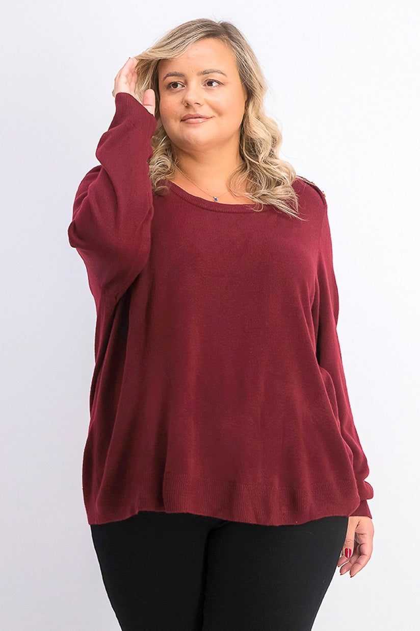 Karen Scott Suéter Feminino com Botões nos Ombros, Cor Merlot, Tamanho Pequeno Médio