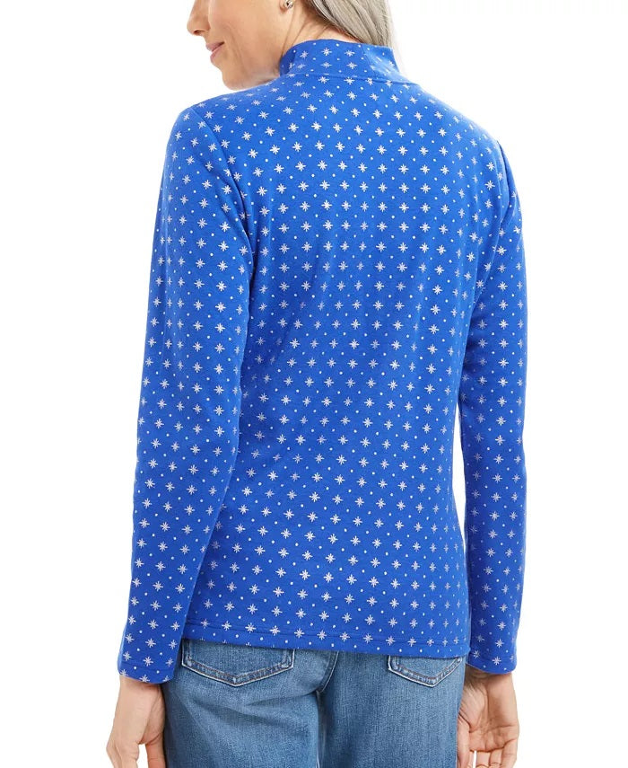Karen Scott Blusa feminina pequena com estampa de flocos de neve e gola alta, azul escuro, tamanho pequeno pequeno