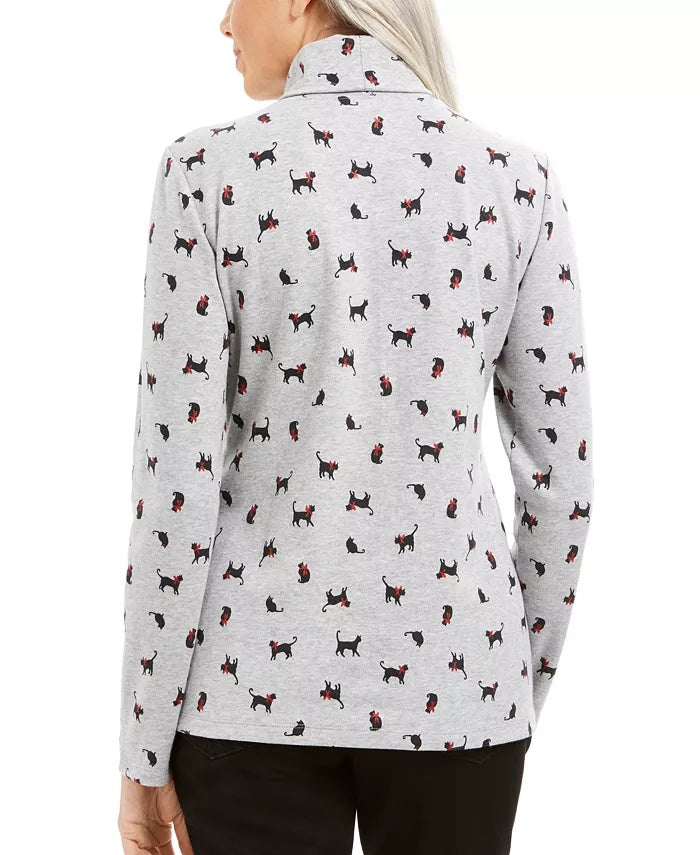 Blusa de gola alta com estampa de gato e laço Karen Scott feminina, cinza, tamanho extragrande