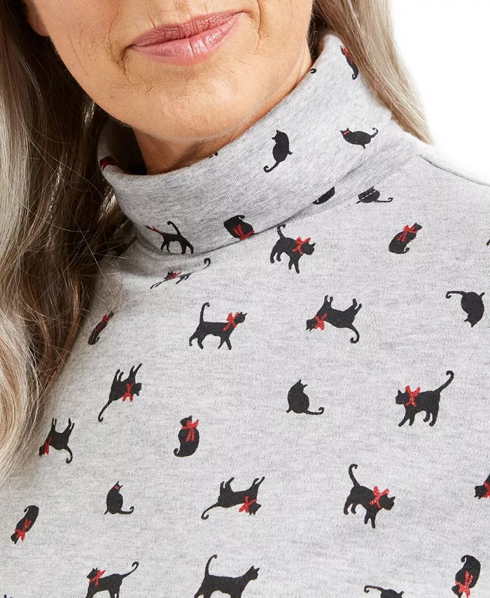 Blusa de gola alta com estampa de gato e laço Karen Scott feminina, cinza, tamanho extragrande