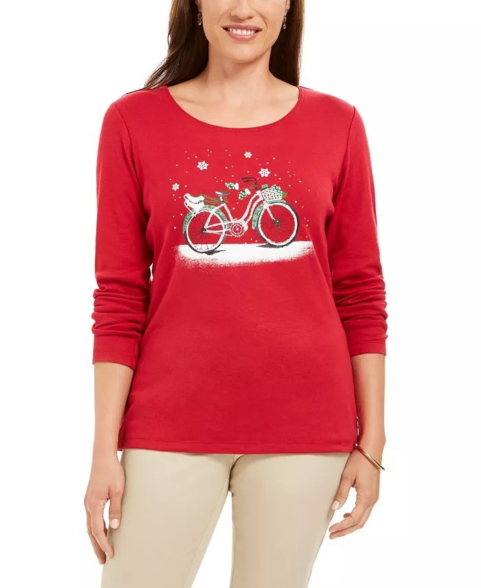 Karen Scott Camiseta Feminina Snow Bike Algodão Vermelha Tamanho Grande