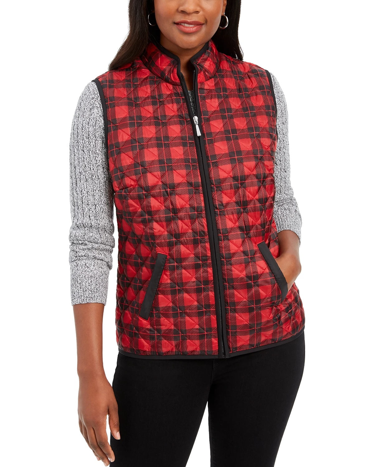 Colete esportivo feminino Karen Scott xadrez puffer vermelho brilhante tamanho XS
