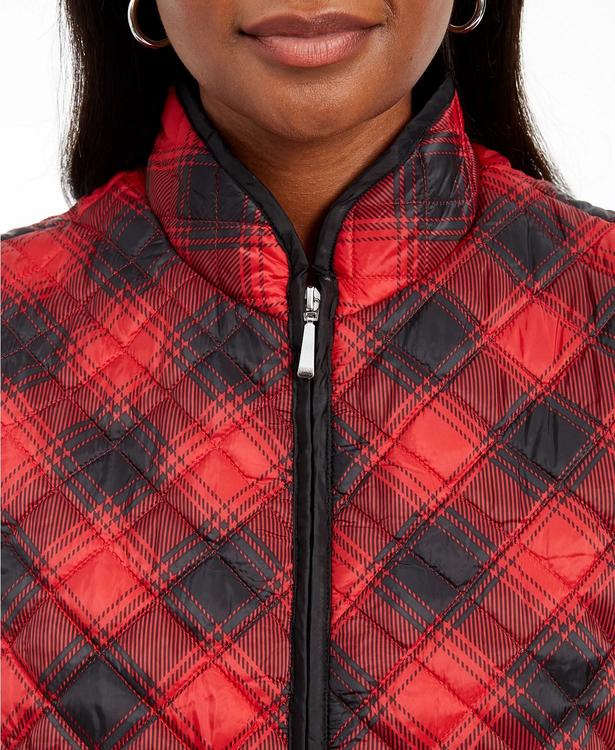 Colete esportivo feminino Karen Scott xadrez puffer vermelho brilhante tamanho grande