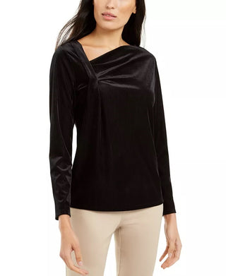 Blusa de veludo com decote assimétrico Alfani feminina, preta, tamanho extra grande
