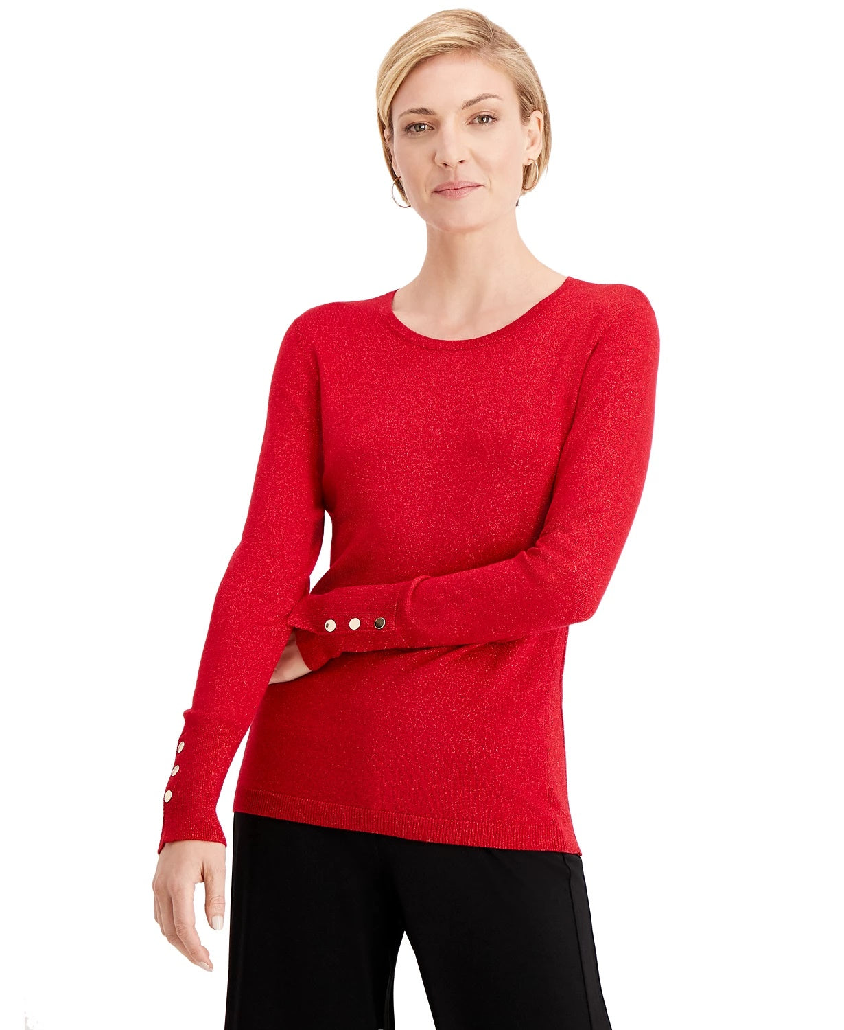 Suéter metálico com gola redonda e punhos com tachas da coleção feminina JM, vermelho brilhante, tamanho XXG