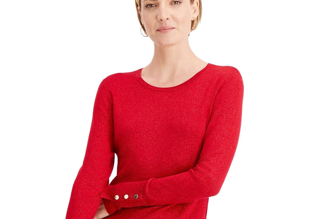 Suéter metálico com gola redonda e punhos com tachas da coleção feminina JM, vermelho brilhante, tamanho XXG