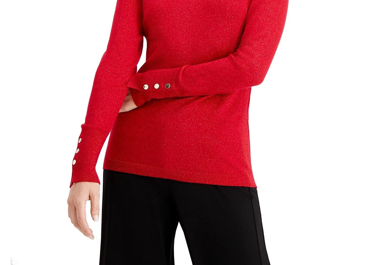 Suéter metálico com gola redonda e punhos com tachas da coleção feminina JM, vermelho brilhante, tamanho XXG