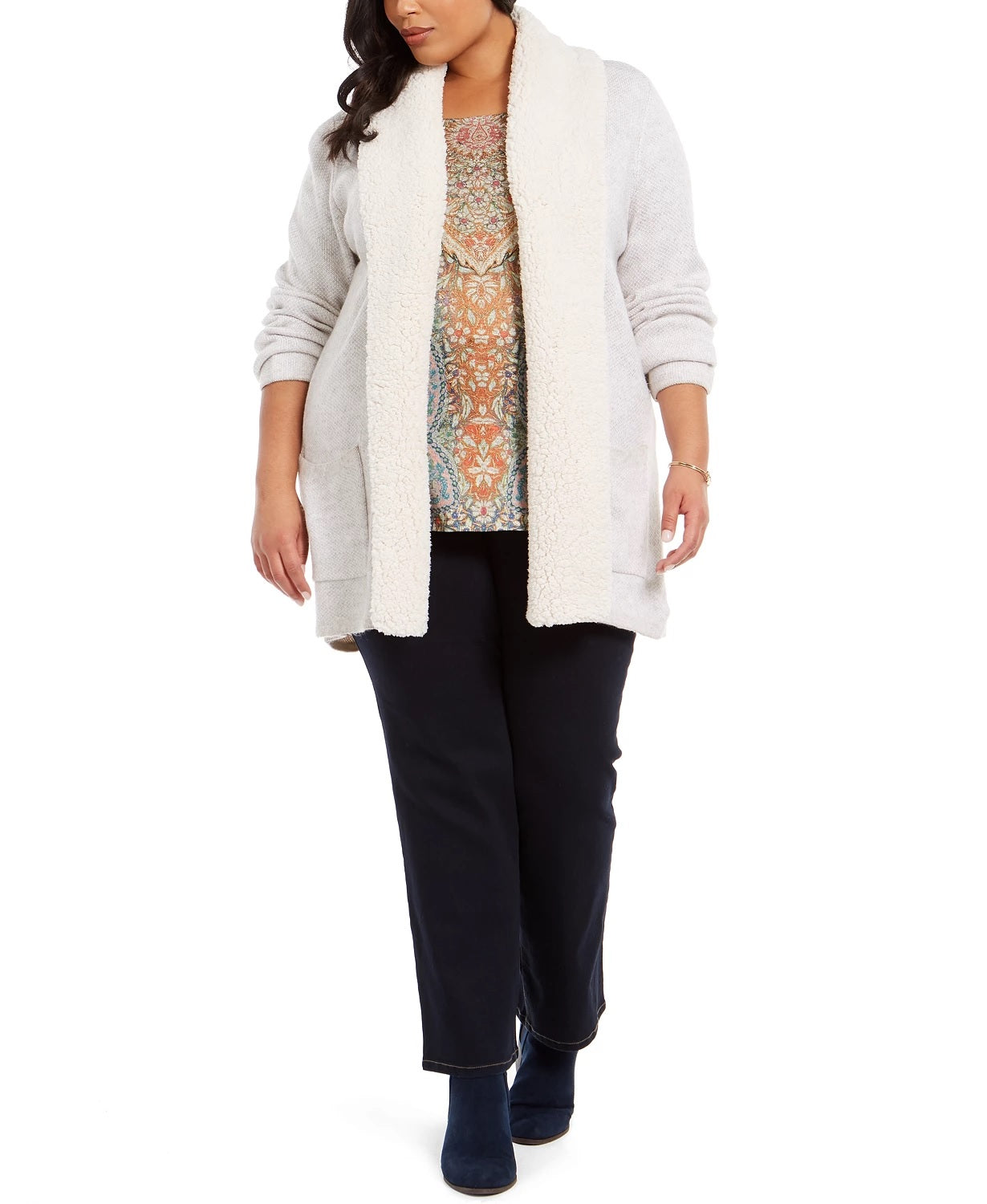 Cardigan feminino plus size com gola sherpa estilo &amp; co, cinza, tamanho 0X