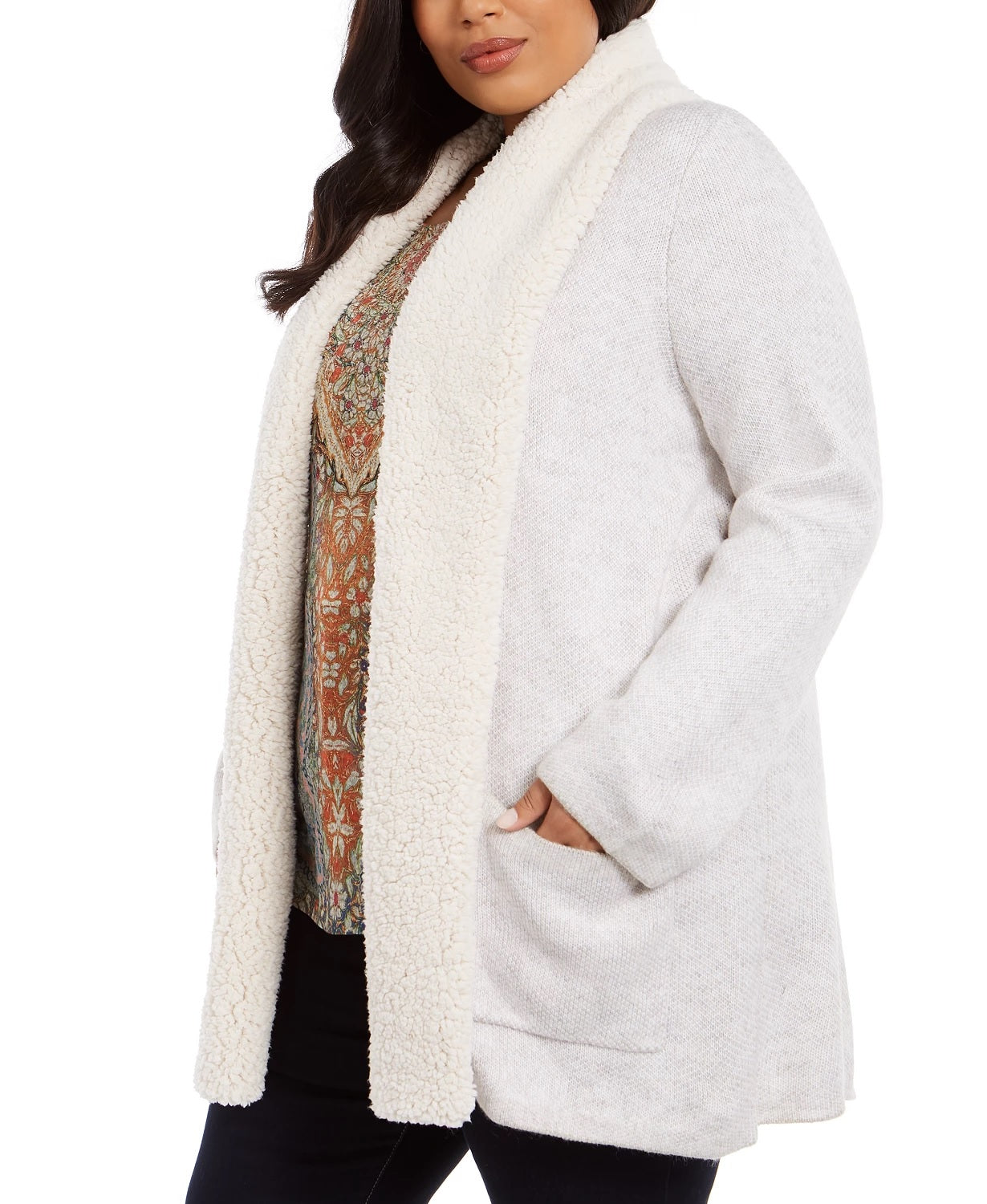 Cardigan feminino plus size com gola sherpa, cinza, tamanho 3X, da Style &amp; Co