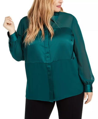 Blusa feminina Alfani Plus Size de cetim com estampa de mídia mista, verde escuro, tamanho 4X