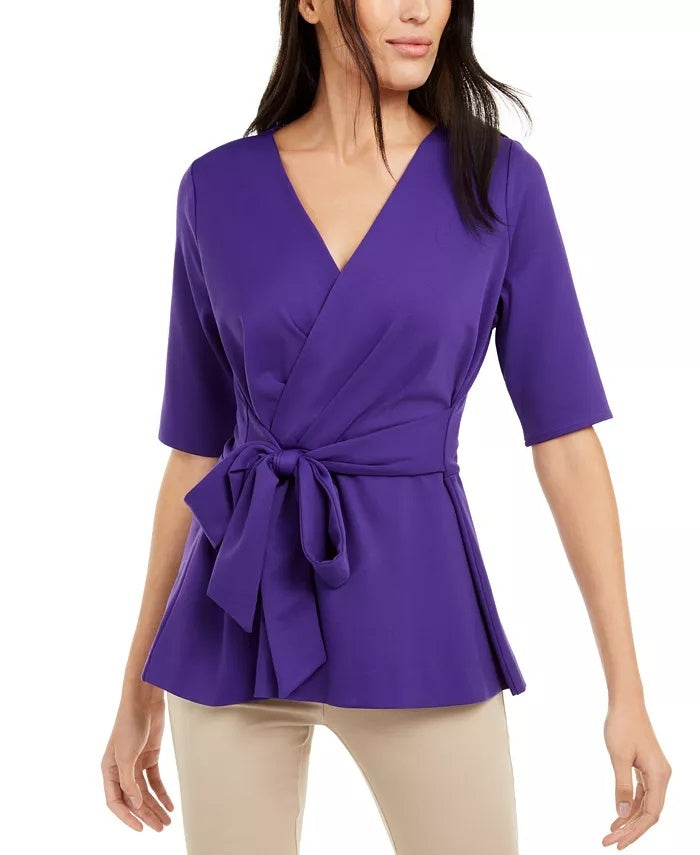 Blusa peplum com amarração frontal e falso envelope Alfani feminina, roxa, tamanho extra grande