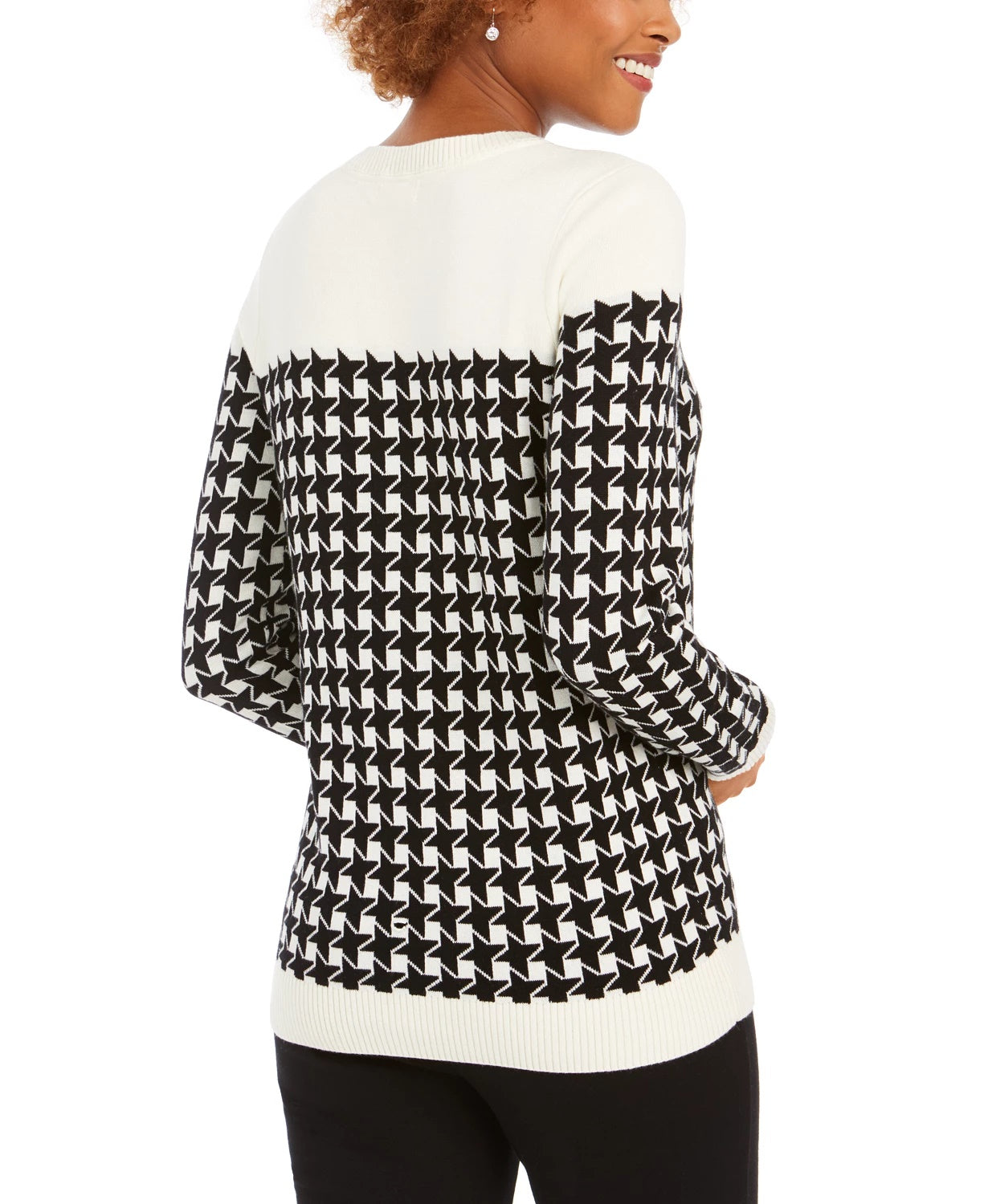 Suéter feminino Charter Club com gola redonda e estampa pied-de-poule colorblock, preto, tamanho grande