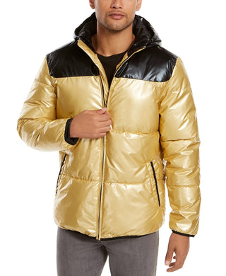 Alfani Men's Colorblocked Hooded Puffer Coat Yellow Size Medium