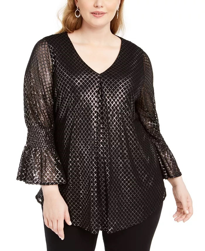 Blusa feminina Alfani Plus Size com estampa metálica e manga sino, cinza, tamanho 3X