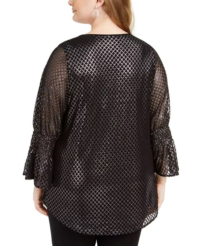 Blusa feminina Alfani Plus Size com estampa metálica e manga sino, cinza, tamanho 3X