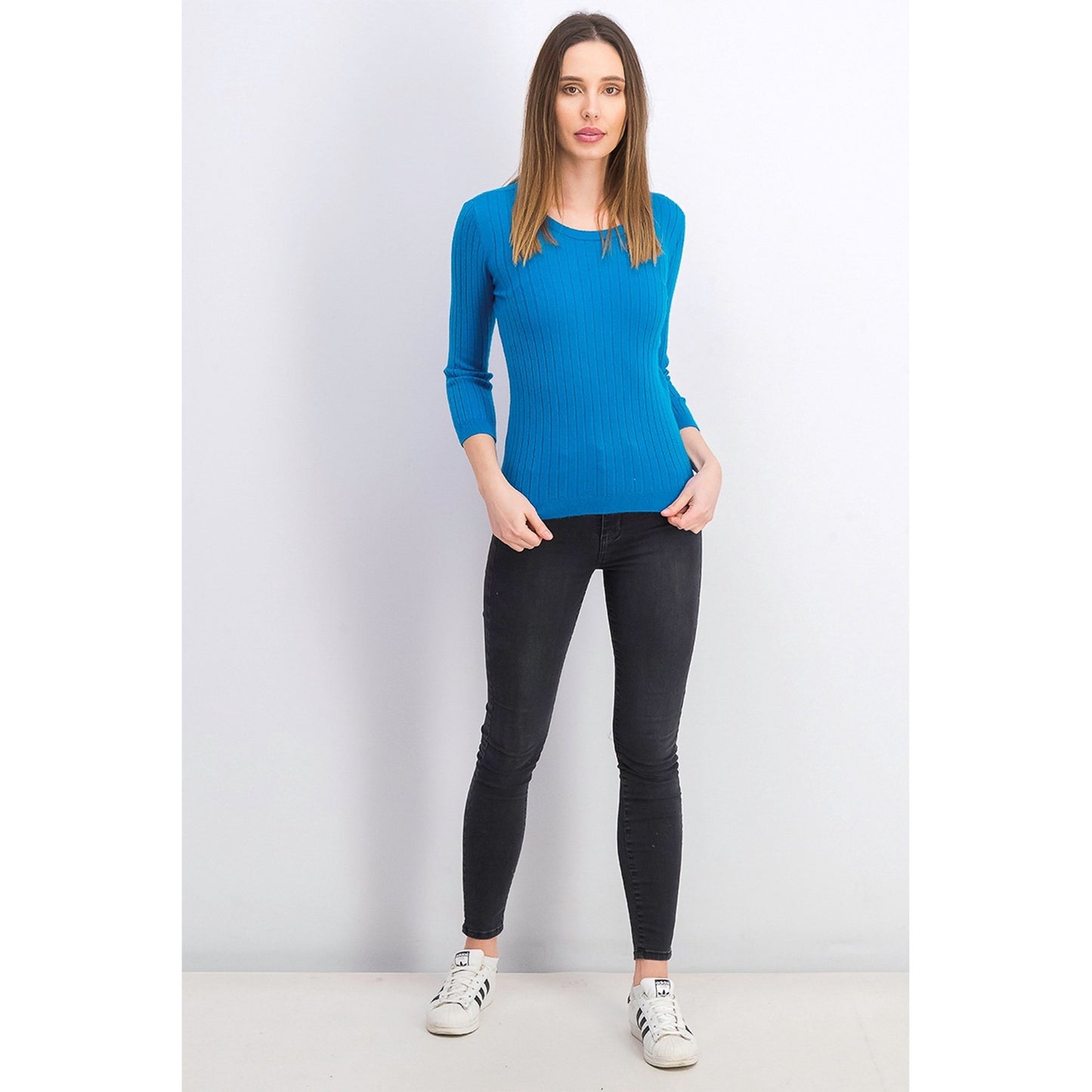 Suéter feminino Maison Jules com gola redonda canelada, azul, tamanho grande