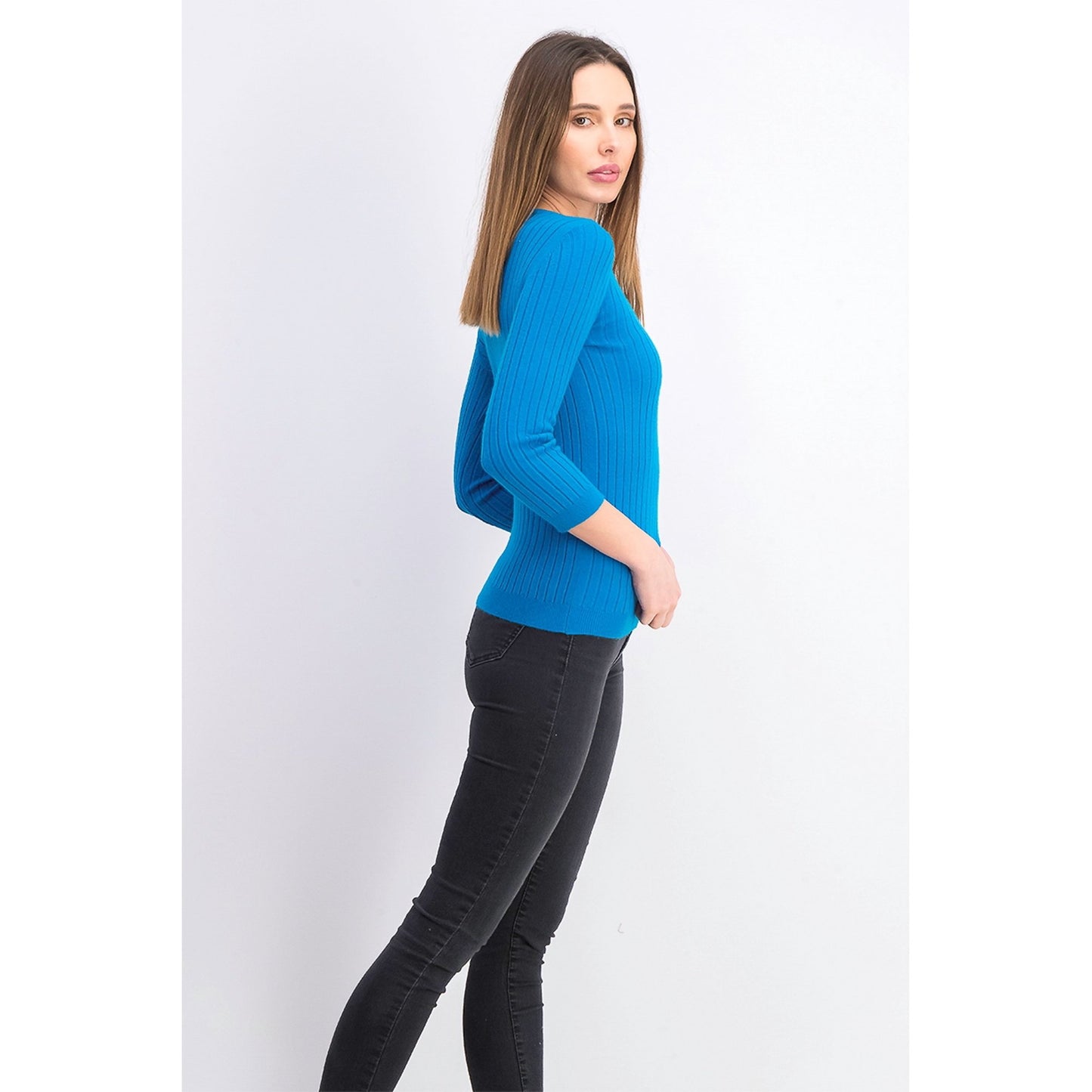 Suéter feminino Maison Jules com gola redonda canelada, azul, tamanho grande