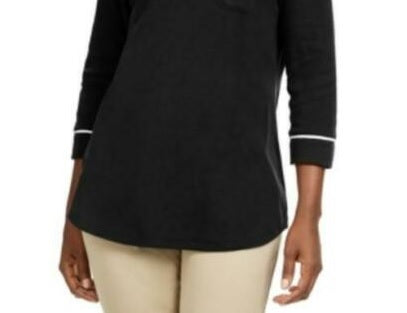 Camiseta feminina Karen Scott Petite com acabamento em viés, preta, tamanho Petit