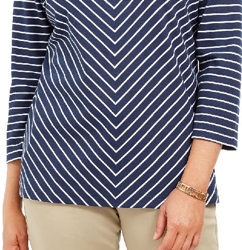Blusa feminina listrada com decote em V Karen Scott, azul, tamanho médio