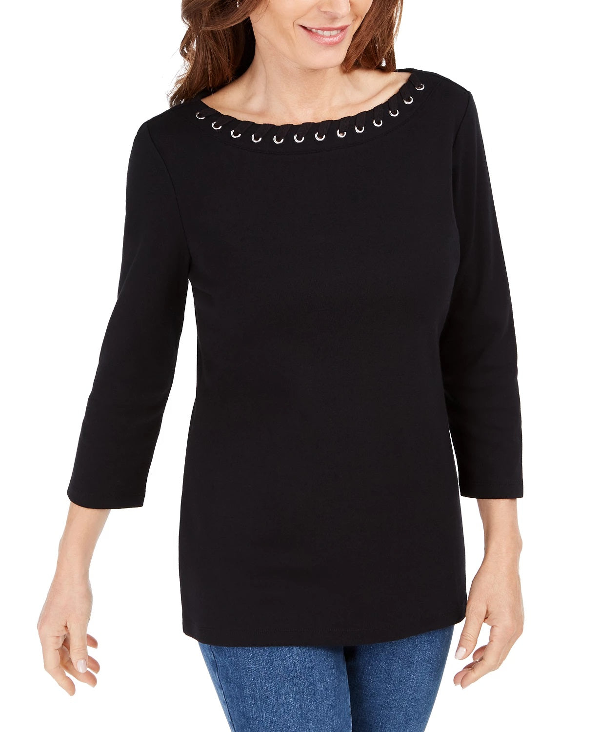 Karen Scott Top de algodão com acabamento em ilhós feminino, preto, tamanho pequeno