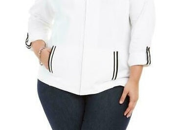 Jaqueta feminina Karen Scott Sport French Terry com acabamento em fita, branca, tamanho extra grande