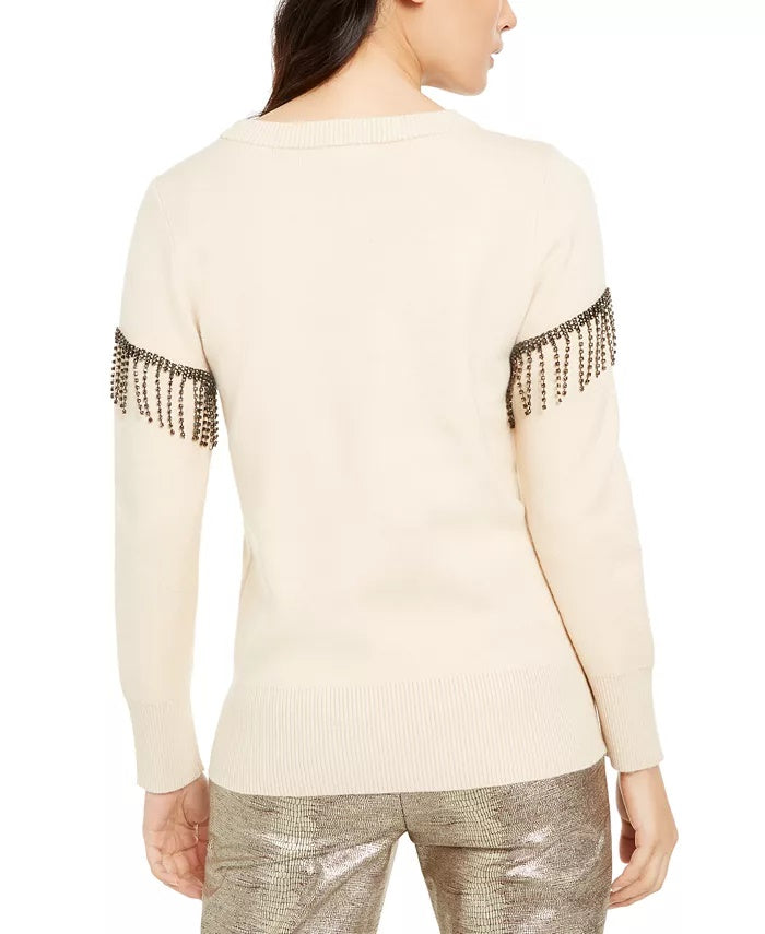 Suéter feminino Alfani com franjas embelezadas, bege claro, tamanho XX-G