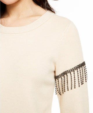 Suéter feminino Alfani com franjas embelezadas, bege claro, tamanho XX-G