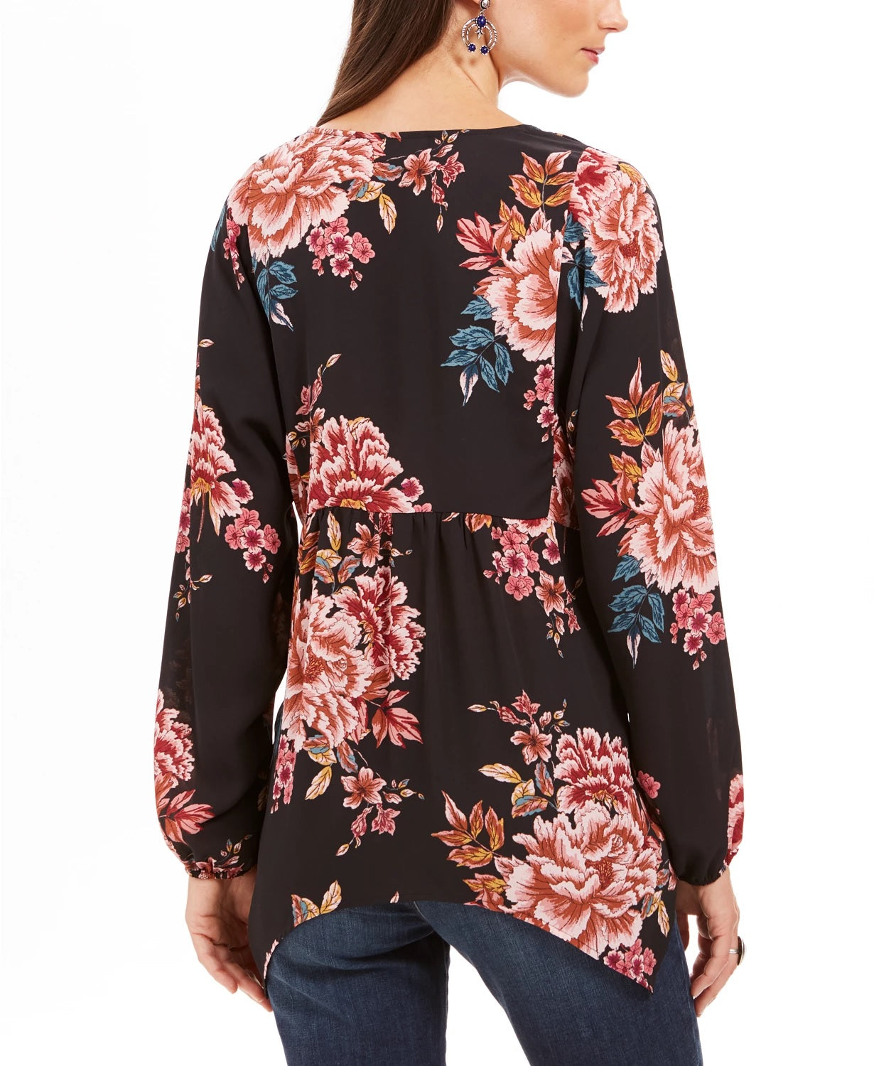 Top feminino estilo camponês com bainha de lenço estampado, preto, tamanho pequeno