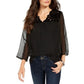Blusa feminina de mangas transparentes com estampa de mídia mista, preta, tamanho XXG