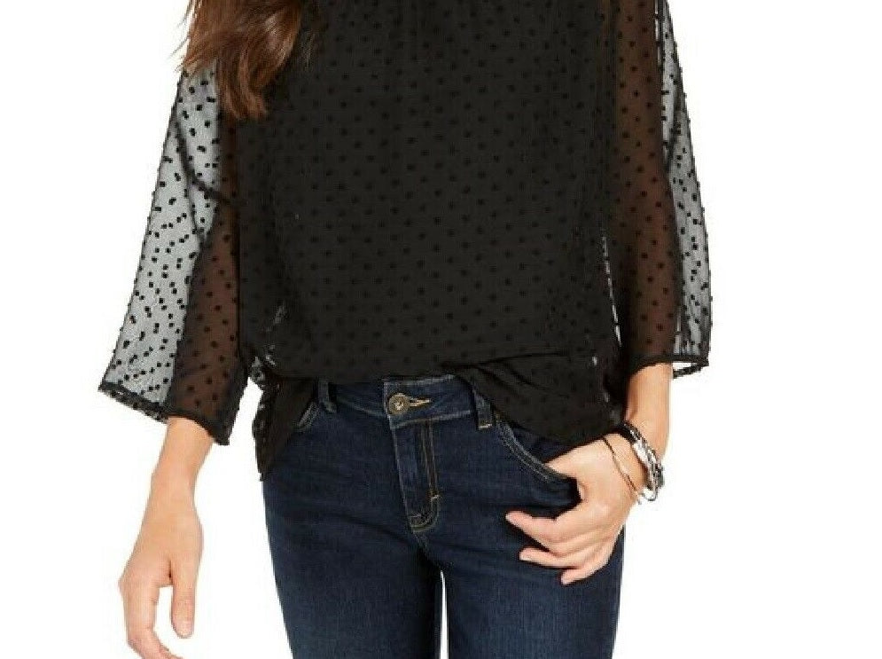 Blusa feminina estilo &amp; co com estampa de mídia mista e mangas transparentes, preta, tamanho grande