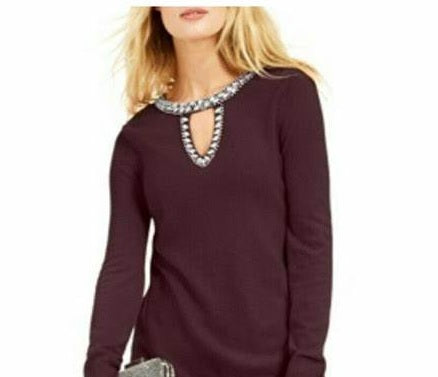 Suéter feminino com decote em V e botões da INC International Concepts, tamanho XS, vermelho