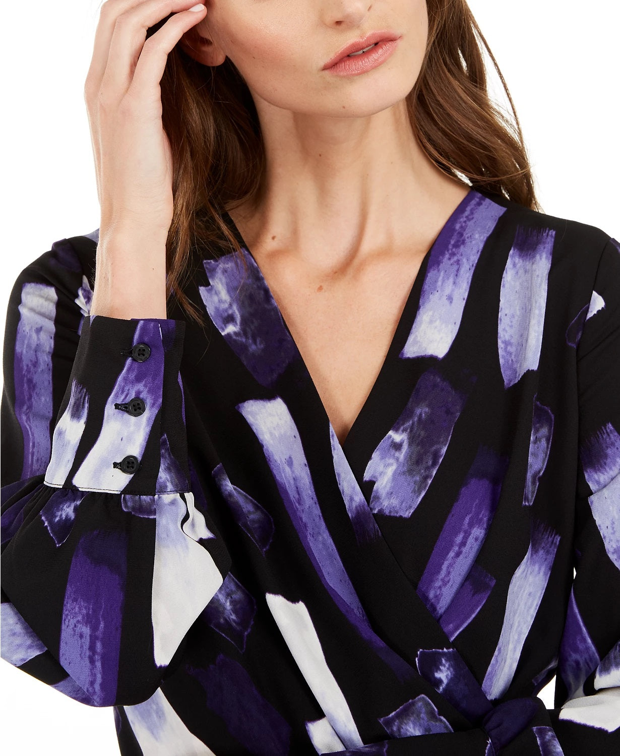 Blusa feminina Alfani com sobrepeliz estampada, roxa, tamanho pequeno