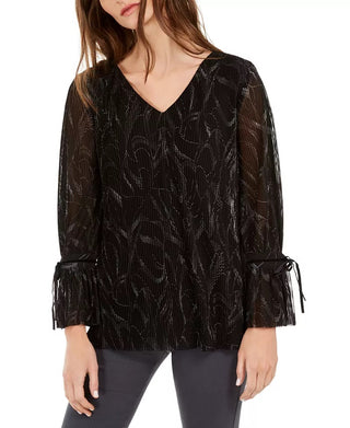 Blusa plissada com punho e gravata Alfani feminina, preta, tamanho médio