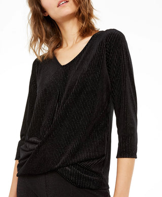 Blusa feminina Alfani com listras metálicas e torção frontal, preta, tamanho médio