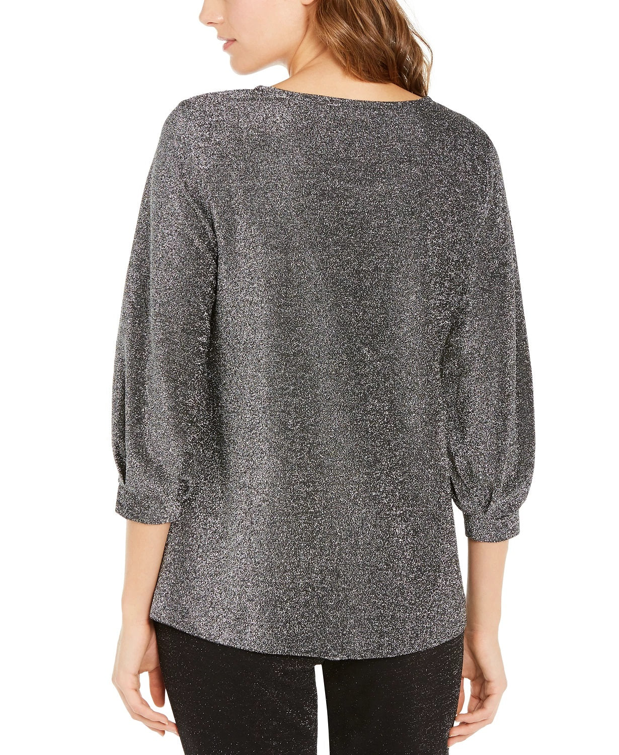 Blusa feminina Alfani de malha metálica com manga bispo, cinza, tamanho pequeno