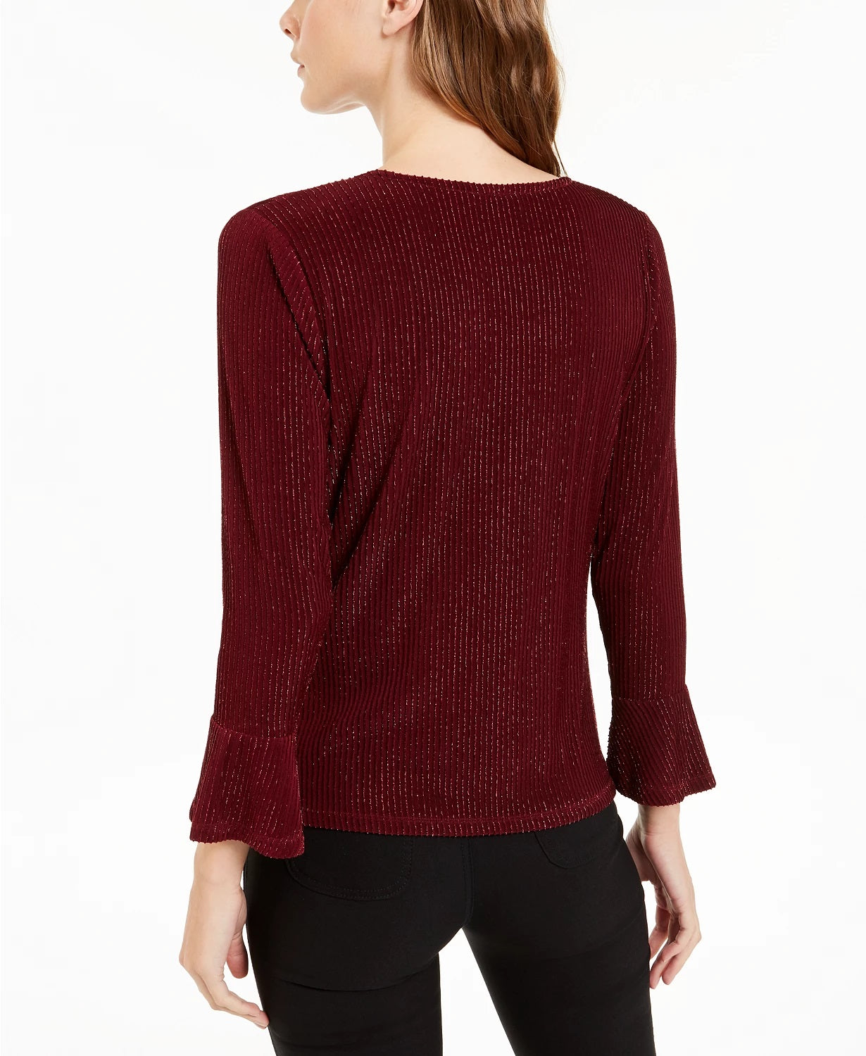 Blusa feminina Alfani listrada com bainha torcida metálica, tamanho grande, vinho