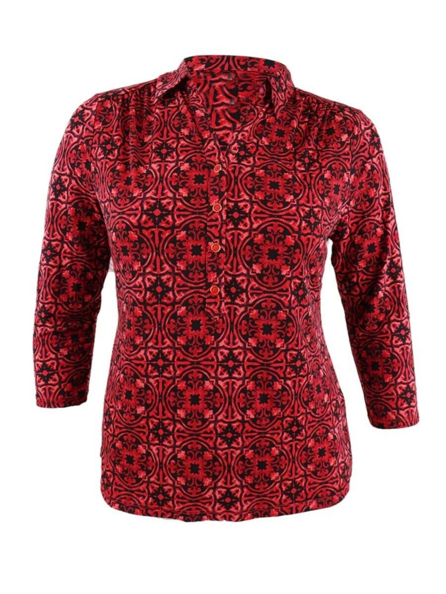 Camisa polo feminina Charter Club com estampa de manga 3/4, vermelha, tamanho X-G