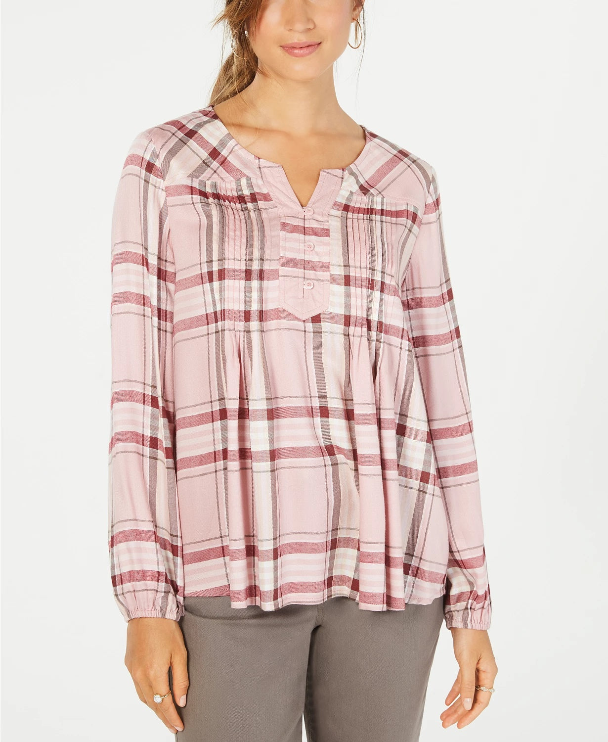 Blusa xadrez feminina estilo &amp; co com decote aberto, vermelho brilhante, tamanho pequeno