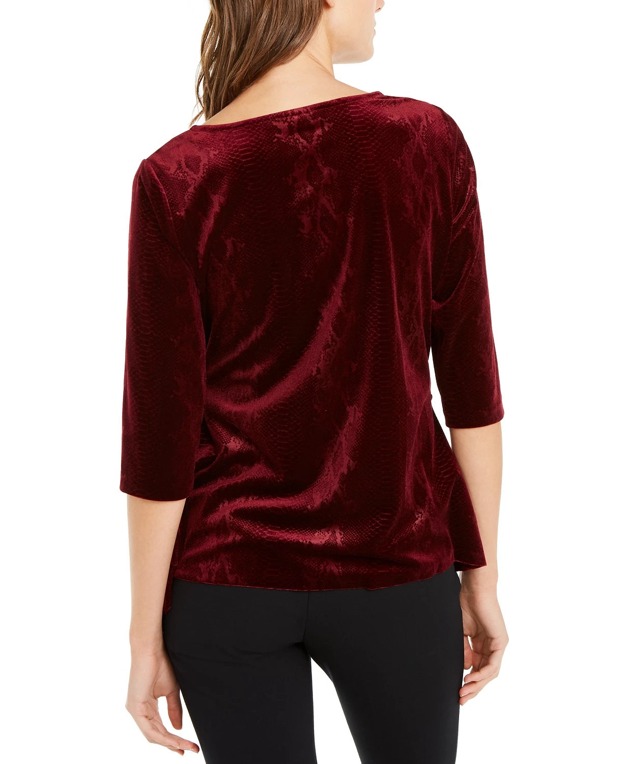 Blusa de veludo com estampa de pele de cobra e amarração lateral Alfani feminina, tamanho grande, vinho