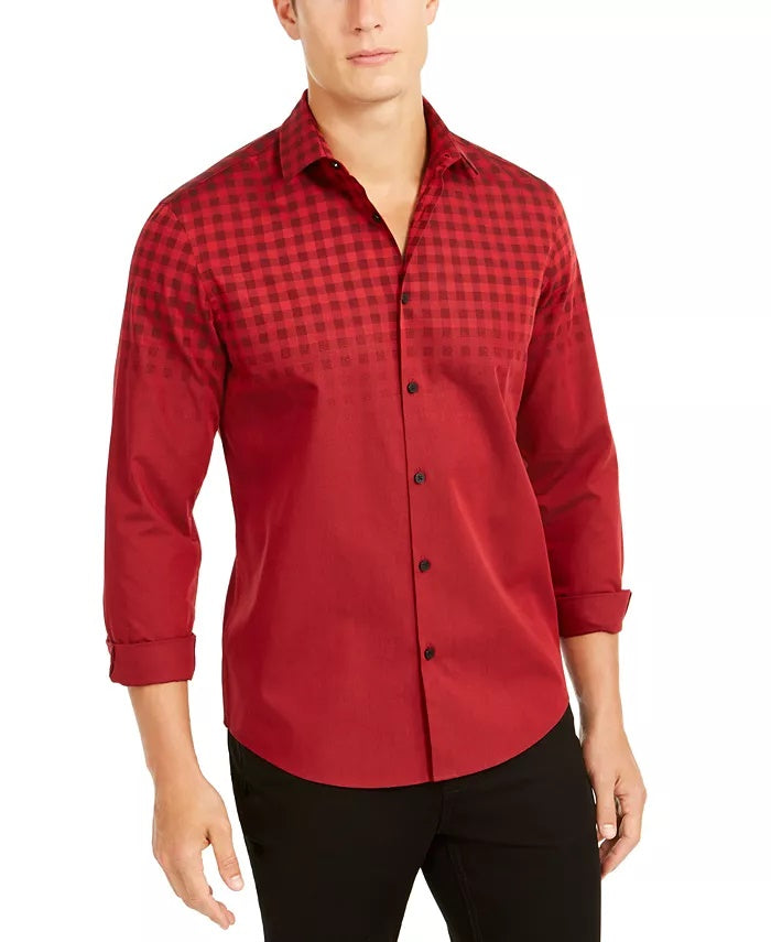 Camisa Alfani Masculina Classic-Fit Ombre Buffalo Check Vermelha Tamanho Médio